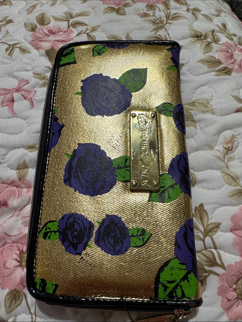 Gold Floral Zip Wallet with Purple Roses Betsy Johnson